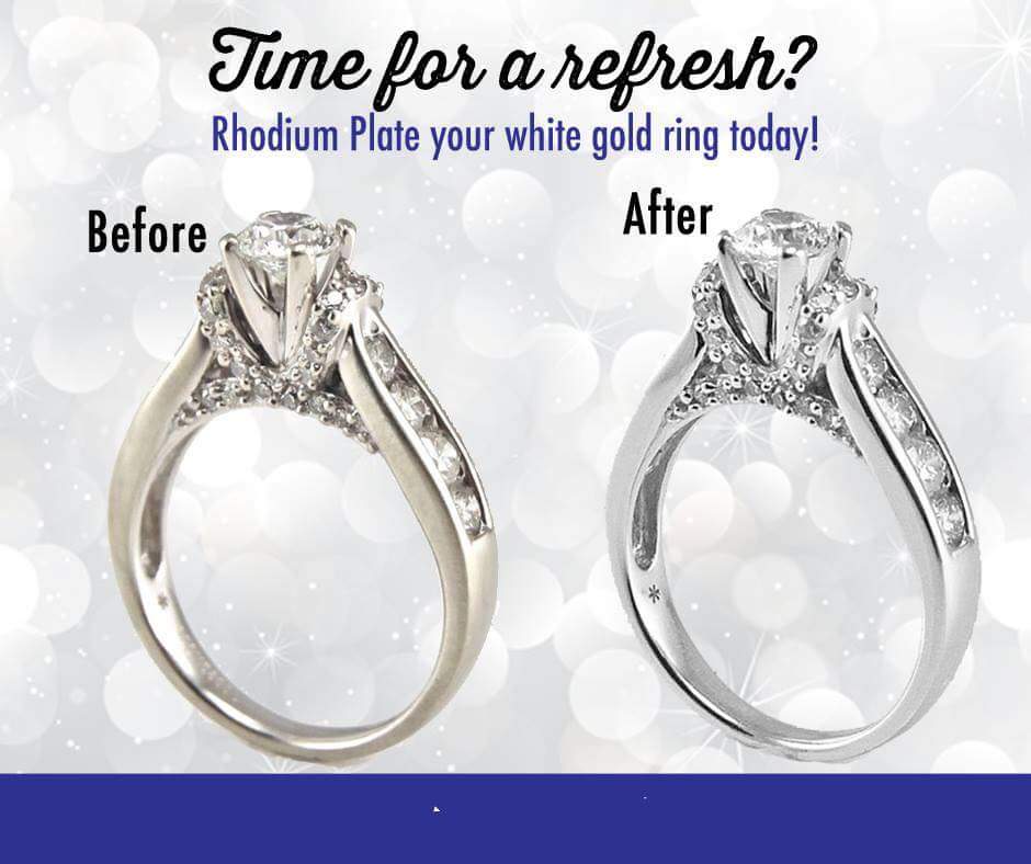 Before and after using rhodium on a diamond ring