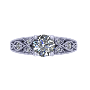 A top-view rendering of a white gold ring with a diamond