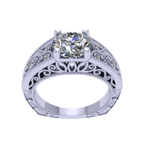 A rendering of a white gold ring with a diamond