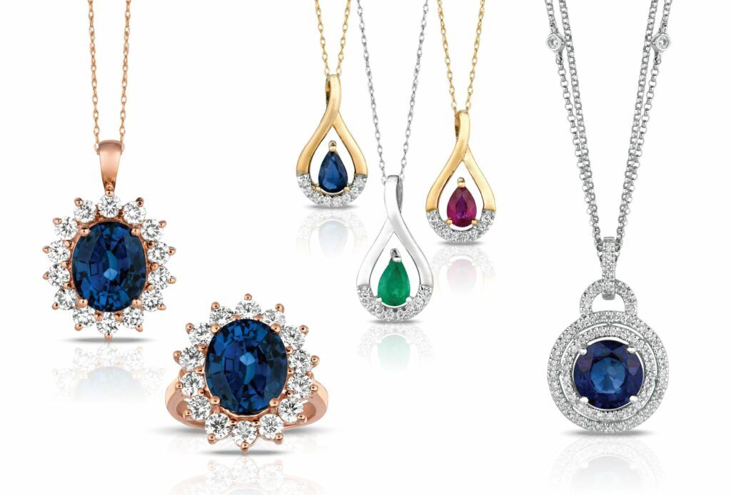 Necklaces with blue, green, pink gemstones and diamonds